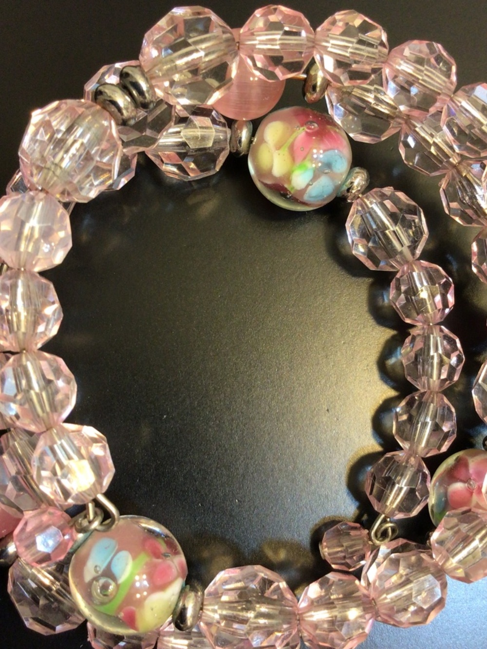 Triple Strand Wrap-around Pink Beads/Cat’s Eye/Lampwork Glass Bracelet - Picture 3 of 4